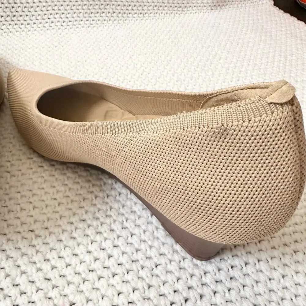 Vivaia Aria Khaki Beige Pointed Wooden Stacked Wedge 2.0 Heel Shoes 43 US 11